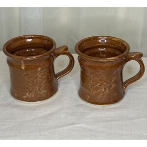 Set of 2 VTG Handmade Art Pottery Stoneware‎ Mugs w/ Handle Glazed, Signed